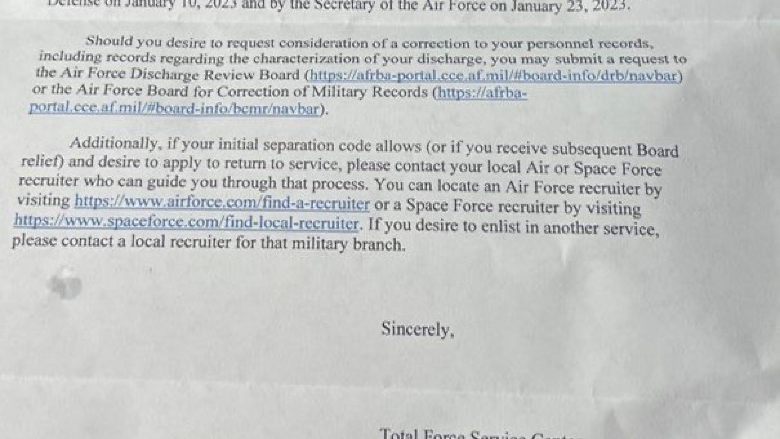 Air Force post-COVID vaccine mandate letter