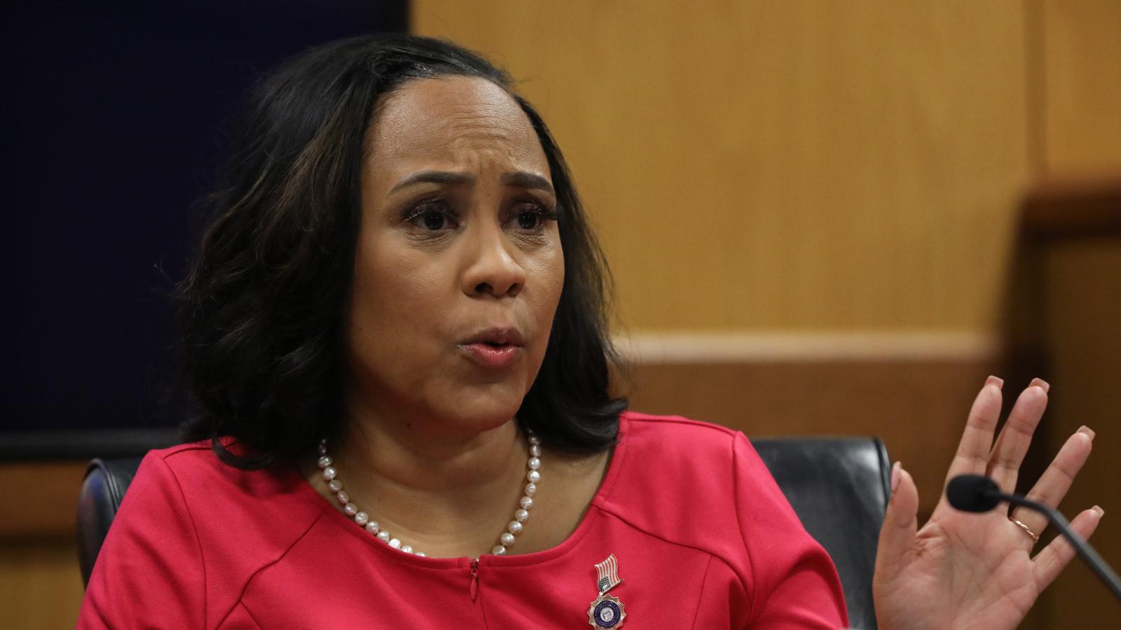 Fulton County District Attorney Fani Willis testifies during a hearing in the case of the State of Georgia v. Donald John Trump at the Fulton County Courthouse on February 15, 2024 in Atlanta, Georgia.