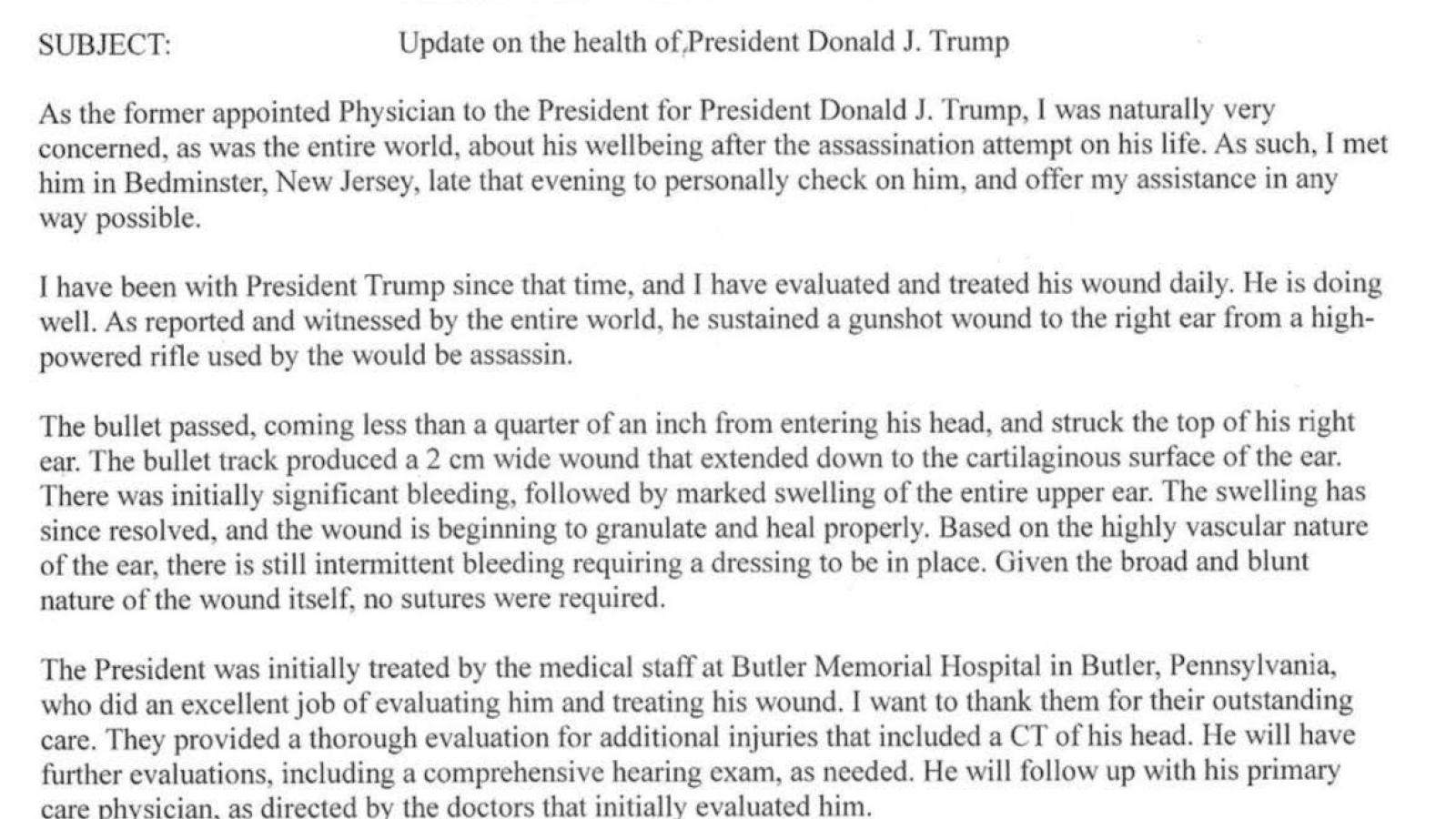 Dr. Ronny Jackson's Letter regarding former President Donald Trump