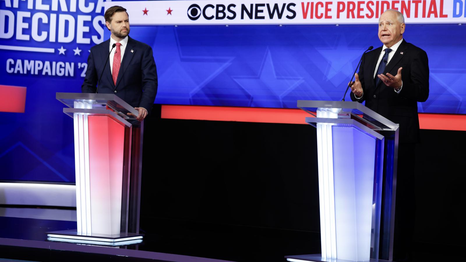 Republican vice presidential candidate, Sen. JD Vance (R-OH), and Democratic vice presidential candidate, Minnesota Gov. Tim Walz, participate in a debate at the CBS Broadcast Center on October 1, 2024 in New York City.