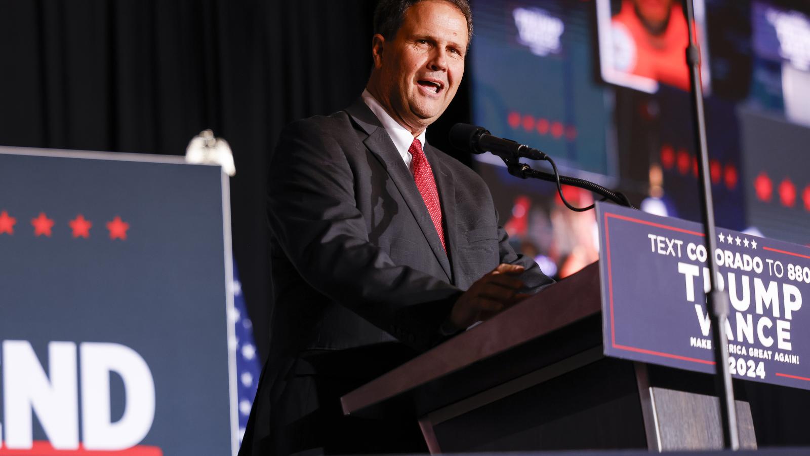 Jeff Crank, Republican nominee for Colorado's 5th Congressional District, speaks at a rally for Republican presidential nominee, former U.S. President Donald Trump at the Gaylord Rockies Resort and Convention Center on October 11, 2024 in Aurora, Colorado.