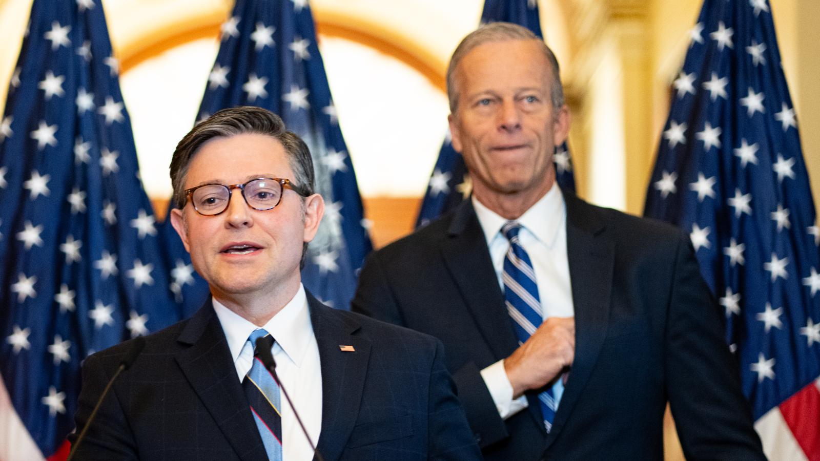 Speaker of the House Mike Johnson, R-La., left, and Senate Majority Leader John Thune, R-S. Dak., hold a news conference on passing the budget resolution in the U.S. Capitol on Thursday, April 10, 2025