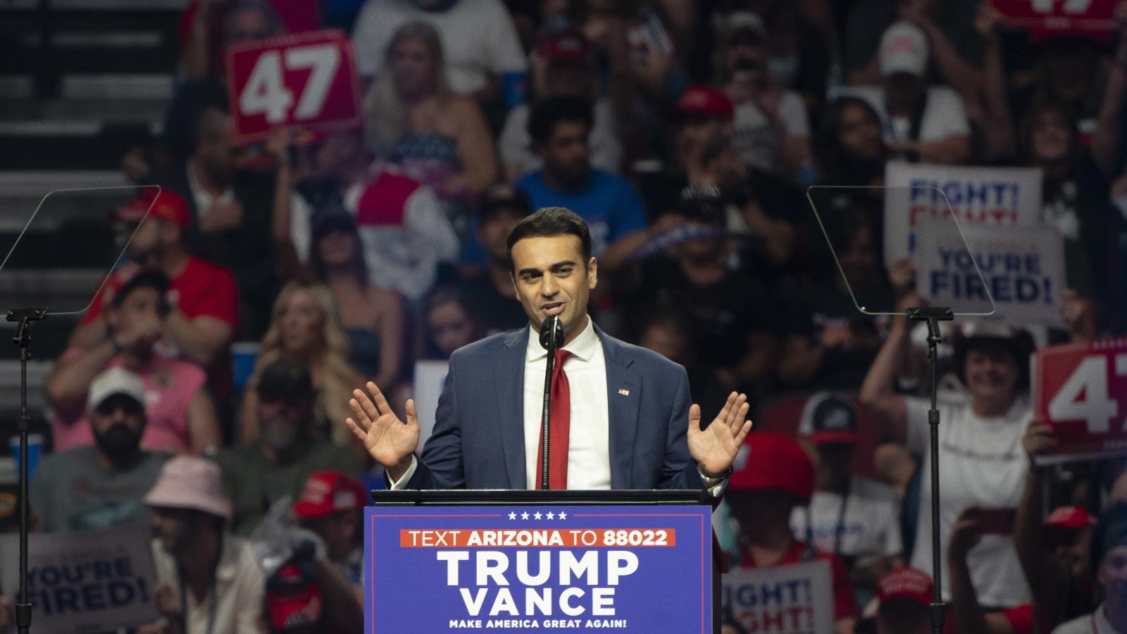 Arizona Republican Congressional candidate Abraham Hamadeh speaks during a campaign rally for Republican presidential nominee, former U.S. President Donald Trump at Desert Diamond Arena on August 23, 2024 in Glendale, Arizona.