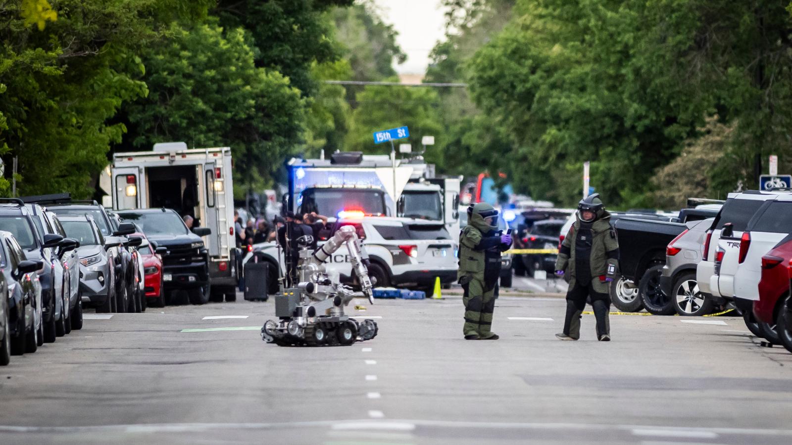 Bomb squads set up a staging area following an incident involving multiple injuries that the FBI is investigating as an act of terror on June 1, 2025 in Boulder, Colorado.