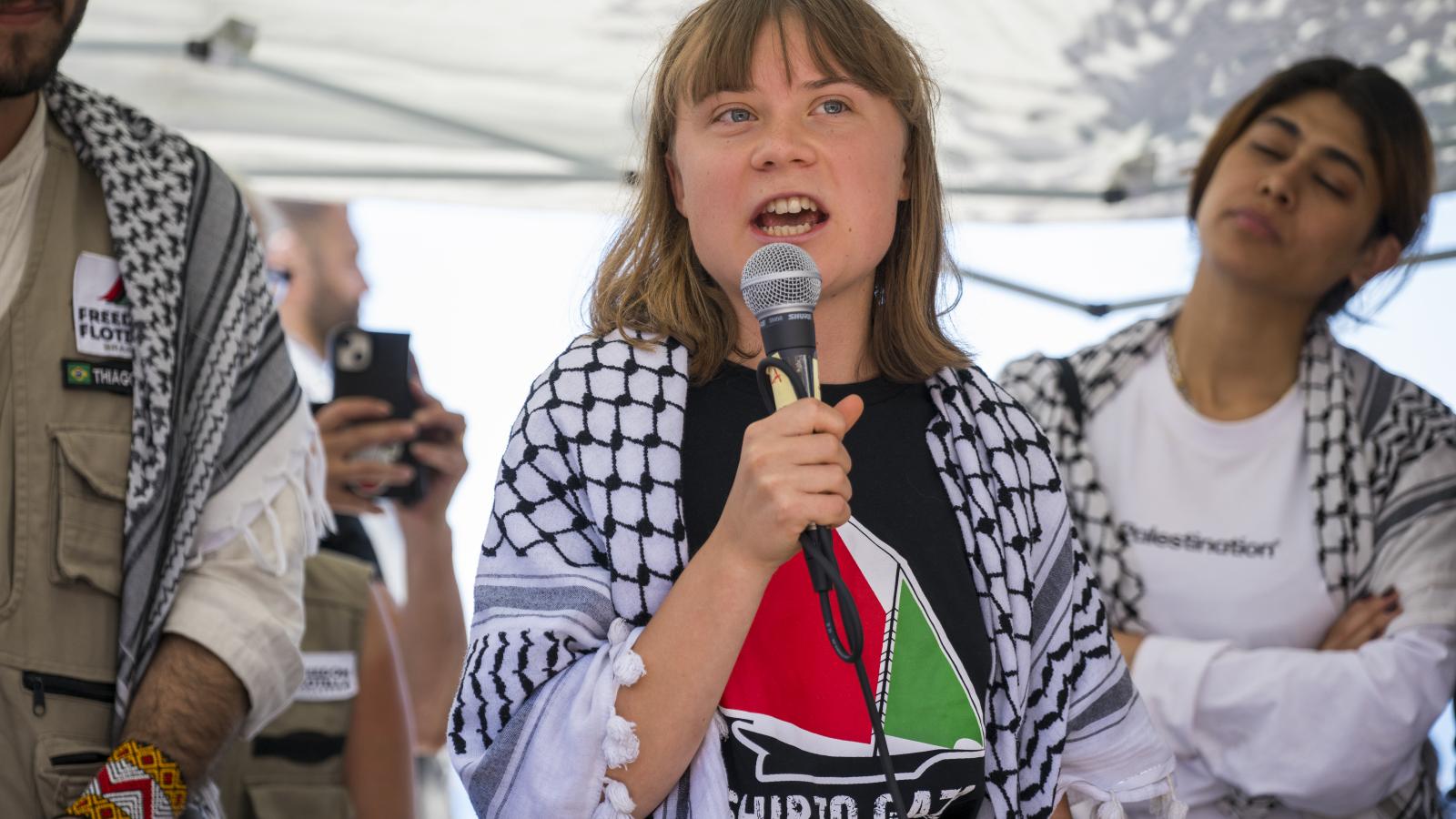 Greta Thunberg speaking at the press conference. Greta is part of the crew of the ship Madleen, headed to Gaza to deliver humanitarian aid on June 01, 2025 in Catania, Italy.