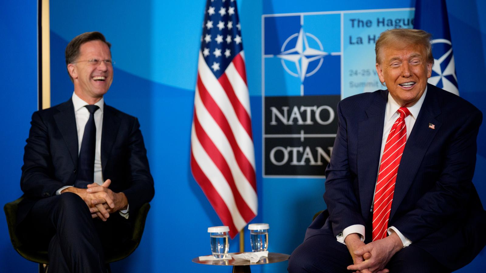 U.S. President Donald Trump (R) and NATO Secretary General Mark Rutte speak to media at the start of the second day of the 2025 NATO Summit on June 25, 2025 in The Hague, Netherlands.