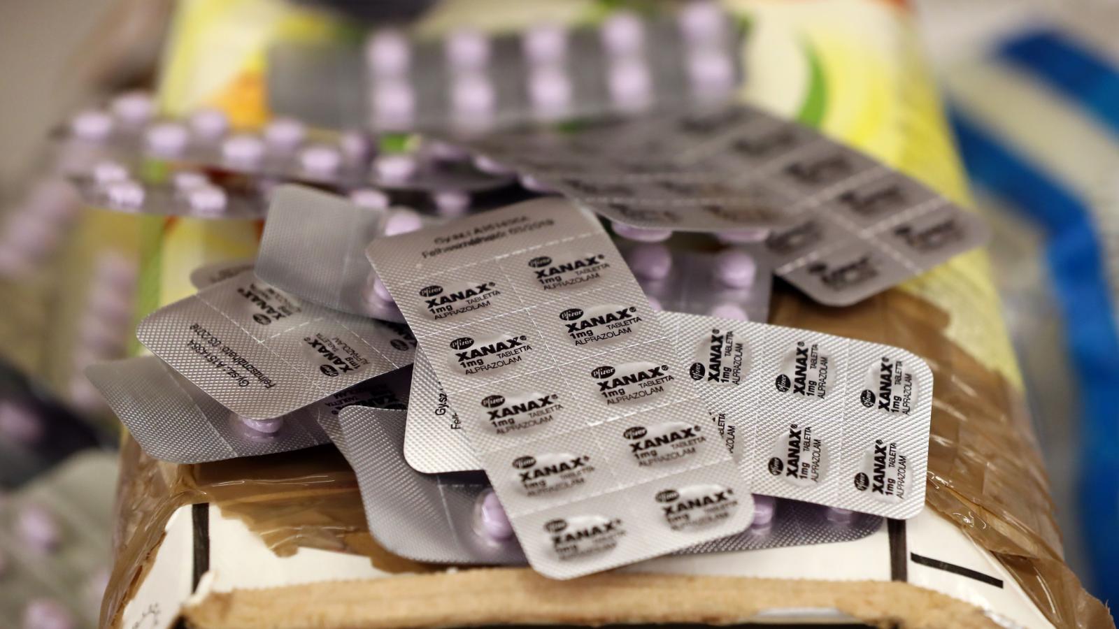 Seized packets of the tranquilizer Xanax on display at the Health Products Regulatory Authority (HPRA) Headquarters in Dublin after a Europe-wide Interpol-coordinated project called Pangea X.